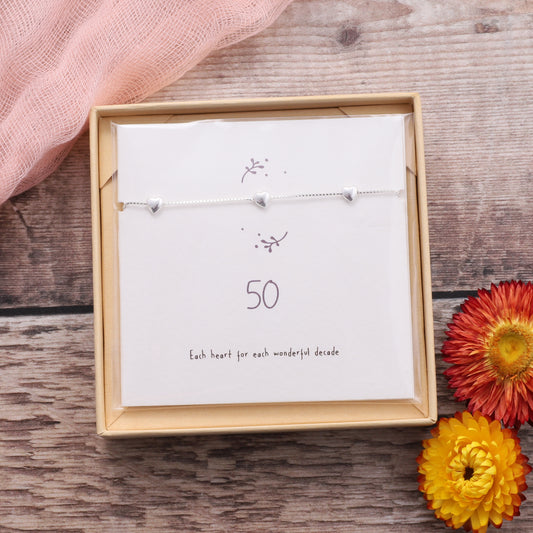 BDB015 Silver 50th Birthday Sterling Silver Hearts Bracelet on card