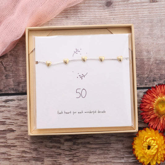 BDB016 Gold 50th Birthday Sterling Silver Hearts Bracelet on card
