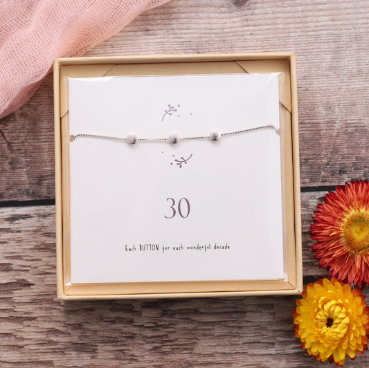 BDB021 Sterling Silver Button Bracelet For 30th Birthday on card