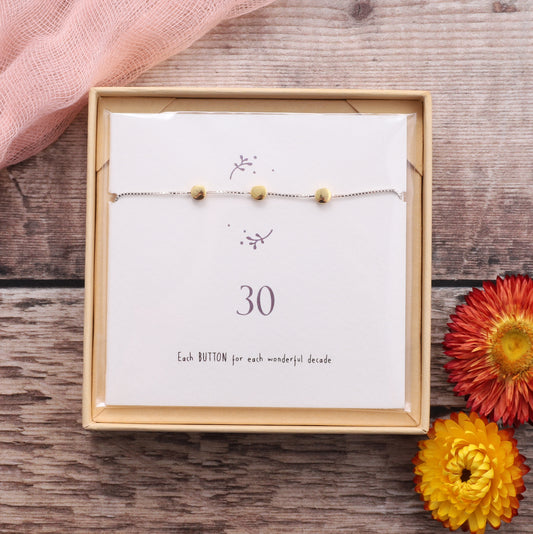 BDB022 Gold Sterling Silver Button Bracelet For 30th Birthday on card