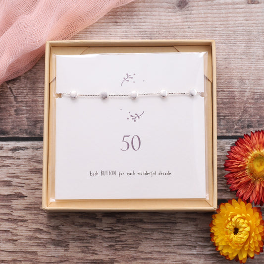 BDB019 Sterling Silver Button Bracelet For 50th Birthday on card