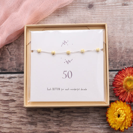 BDB020 Gold Sterling Silver Button Bracelet For 50th Birthday on card