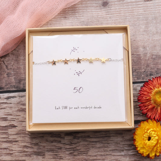 BDB024 Gold Starry Bracelet For Her 50th Birthday on card