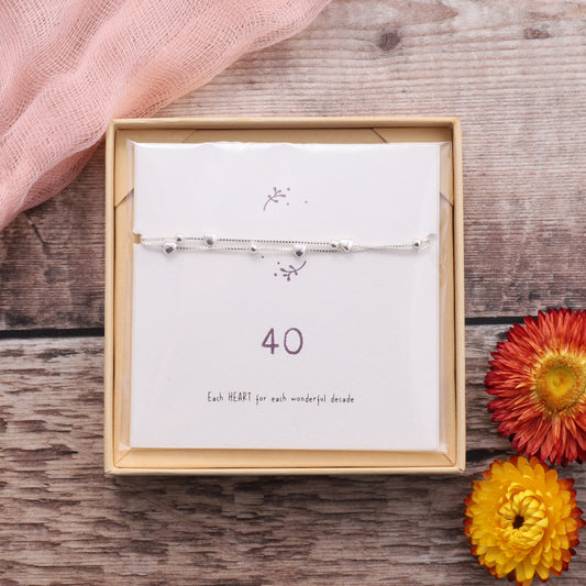 BDB028 Sterling Silver Hearts Bracelet For 40th Birthday on card