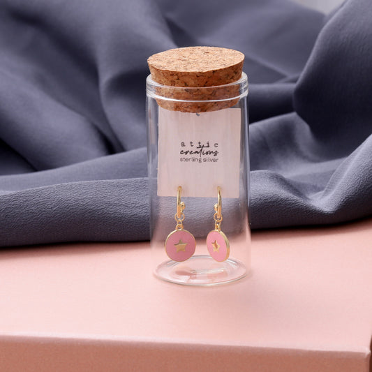 SS118 Enamel Pink star hoop studs