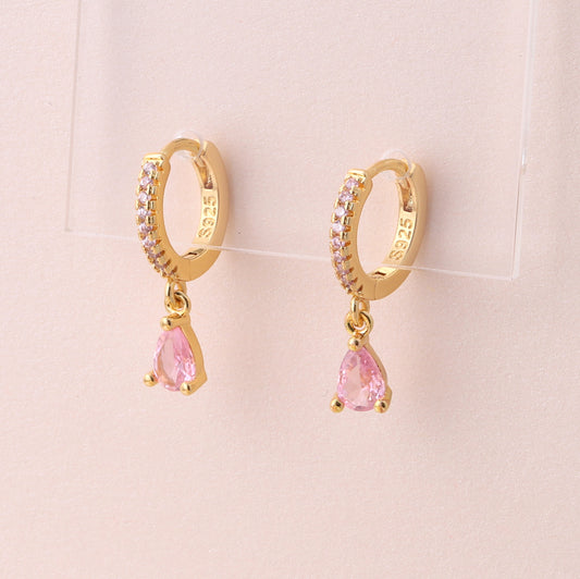 CJE032 Pink gem tear drop ear hoop