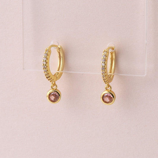 CJE033 Pink round gem hanging ear hoops
