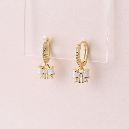CJE040 White enamel bow hanging earring hoops