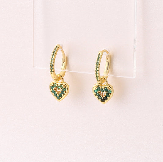 CJE044 Green gem heart hanging earring hoops