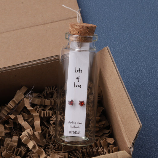 BT160 Message Bottle 'Lots of love ' red crystal heart earrings