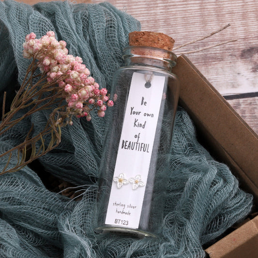 BT123 Message Bottle 'Be your own beautiful' Four petal small stamen flower Earrings