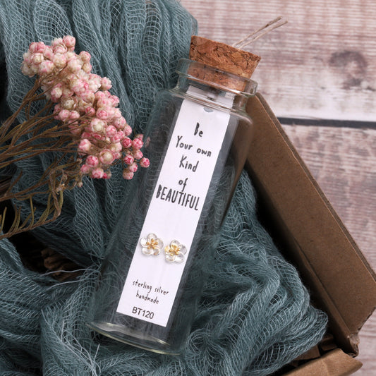 BT120 Message Bottle 'Be your own beautiful' Azalea blossom flower Earrings