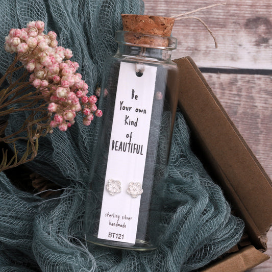BT121 Message Bottle 'Be your own beautiful' CAMELLIA flower Earrings