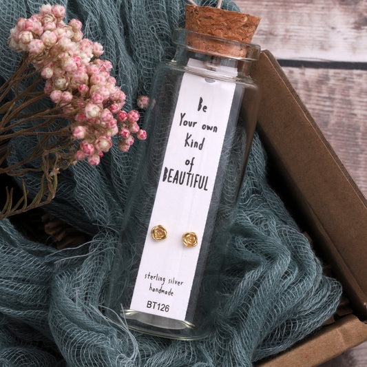 BT126 Message Bottle 'Be your own beautiful' Small mini rose Earrings