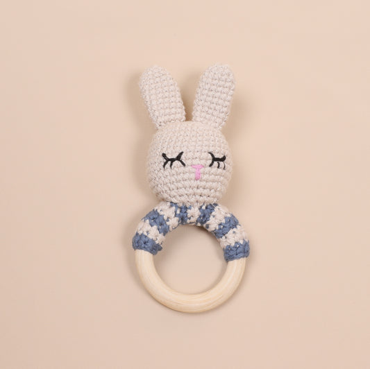 Hand Crochet Blue Stripe Bunny Rattle Teether
