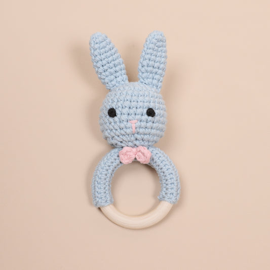 Hand Crochet Light Blue Bunny Rattle Teether