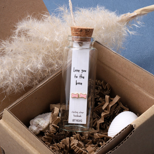 BT163 'LOVE YOU TO THE BONE' Message Bottle Enamel Bone Earrings