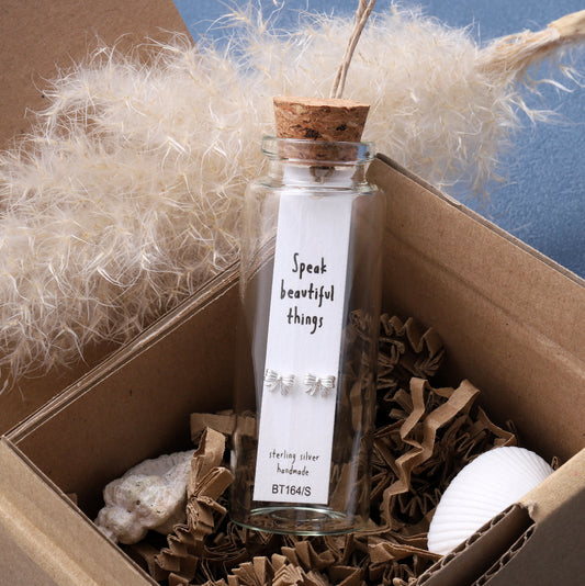 BT164 Message Bottle little bow earrings SPEAK BEAUTIFUL THINGS