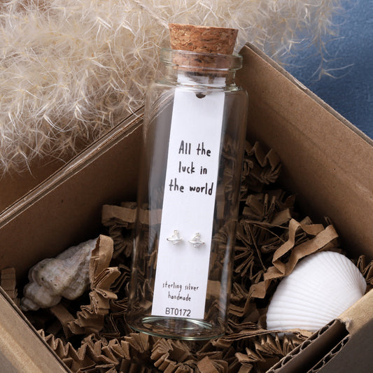 BT172 Message Bottle planet crystal earrings ALL THE LUCK IN THE WORLD