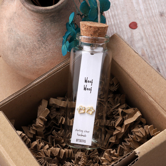 BT007 Message Bottle Sterling Silver Tiny Paw Earrings 'Woof Woof'
