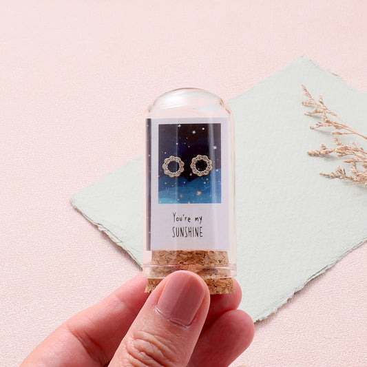 TT60057 'You're my Sunshine' crystal hollow sun earrings in a bottle
