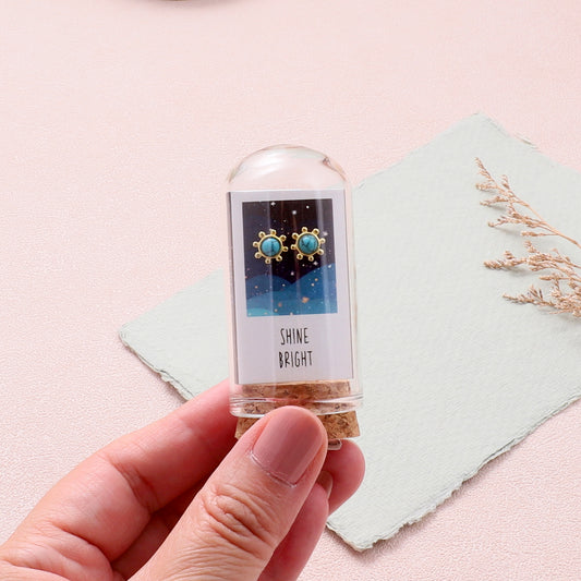 TT60061 'Shine bright' gold sun with turquoise earrings in a bottle