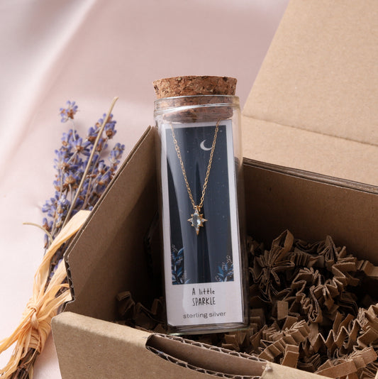 ST4005 A LITTLE SPARKLE Aquamarine North Star Pendant Necklace Gold