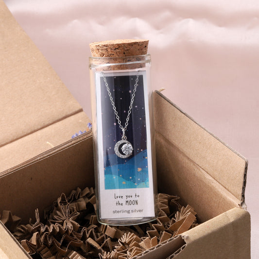 ST3001/S LOVE YOU TO THE MOON Crystal And Crescent Moon Necklace SILVER