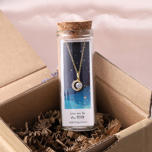 ST3001/G LOVE YOU TO THE MOON Crystal And Crescent Moon Necklace GOLD