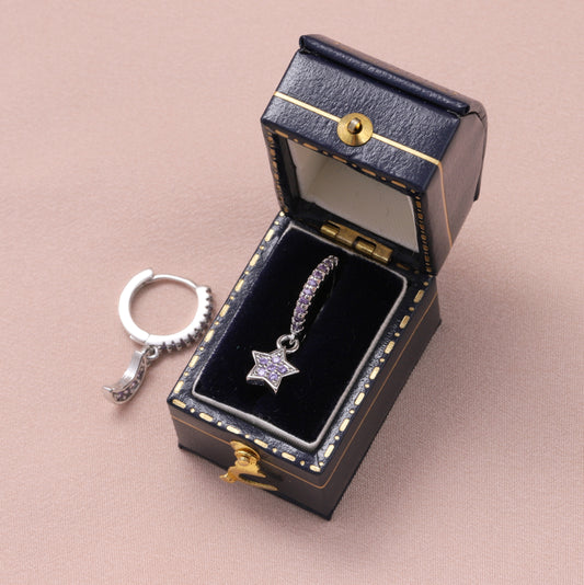 MEH013 Silver Purple Star and Moon Ear Hoops