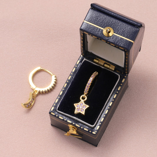 MEH014 Gold Purple Star and Moon Ear Hoops