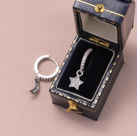 MEH015 Silver Clear Star and Moon Ear Hoops