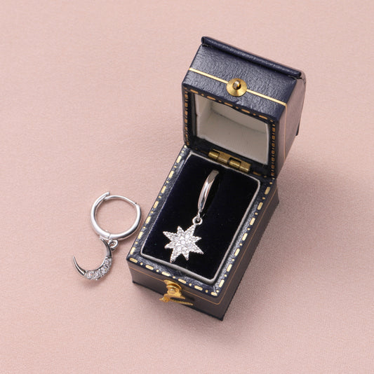 MEH024 Crystal Inlaid Star and Moon Ear Hoops/ Silver