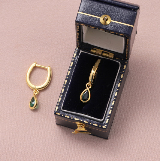 MEH028 Classic Teardrop Gem Hoops / Gold/ Green