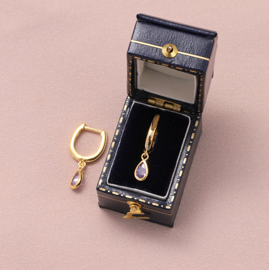 MEH029 Classic Teardrop Gem Hoops / Gold/ Purple