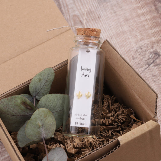 BT136 Message Bottle 'Looking sharp' gold Cactus earrings